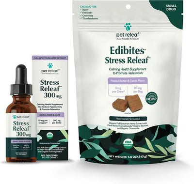 Bundle: Pet Releaf Favorites - Edibites Calming Peanut Butter & Ashwaganda Full Spectrum Hemp Small Dog Supplement, Chew & Liquid Bundle