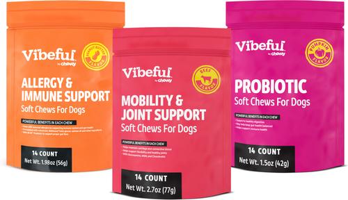 Bundle: Vibeful Favorites - Mobility, Probiotic & Allergy Beef, Pumpkin, & Peanut Butter Dog Soft Chew Supplements, 42 count bundle