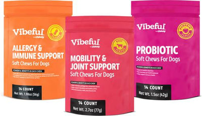 Bundle: Vibeful Favorites - Mobility, Probiotic & Allergy Beef, Pumpkin, & Peanut Butter Dog Soft Chew Supplements, 42 count bundle