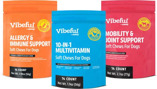 Bundle: Vibeful Favorites - Mobility, Multivitamin & Allergy Beef, Chicken, & Peanut Butter Dog Soft Chew Supplements, 42 count bundle