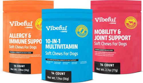 Bundle: Vibeful Favorites - Mobility, Multivitamin & Allergy Beef & Peanut Butter Dog Soft Chew Supplements, 42 count bundle