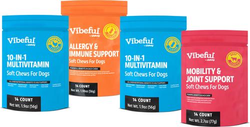 Bundle: Vibeful Favorites - Mobility, Multivitamins & Allergy Beef, Peanut Butter, & Chicken Dog Soft Chew Supplements, 56 count bundle