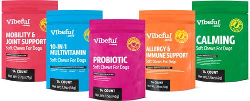 Bundle: Vibeful Favorites - Mobility, Multivitamin, Probiotic, Allergy & Calming Beef, Peanut Butter, Pumpkin & Peanut Butter Dog Soft Chew Supplements, 70 count bundle