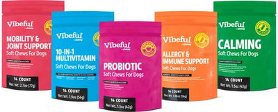 Bundle: Vibeful Favorites - Mobility, Multivitamin, Probiotic, Allergy & Calming Beef, Peanut Butter, Pumpkin & Peanut Butter Dog Soft Chew Supplements, 70 count bundle