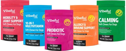 Bundle: Vibeful Favorites - Mobility, Multivitamin, Probiotic, Allergy & Calming Beef, Chicken, Pumpkin & Peanut Butter Dog Soft Chew Supplements, 70 count bundle