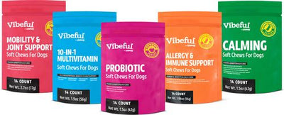 Bundle: Vibeful Favorites - Mobility, Multivitamin, Probiotic, Allergy & Calming Beef, Chicken, Pumpkin & Peanut Butter Dog Soft Chew Supplements, 70 count bundle