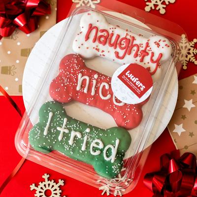 Naughty, Nice, I Tried! Christmas Bones Cinnamon, Apple & Honey Cookie Dog Treats, 2.6-oz box, 3 count
