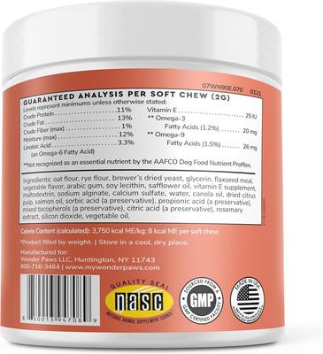 Suplemento masticable suave para piel y pelaje para perros, 70 unidades