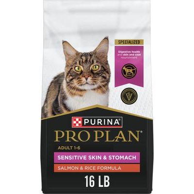 Alimento seco para gatos adultos con piel y estómago sensibles, fórmula de salmón y arroz, bolsa de 16 lb