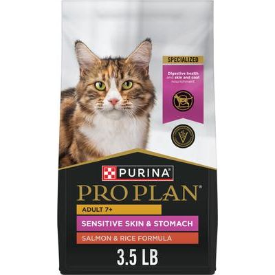 Alimento seco para gatos mayores con piel y estómago sensibles, fórmula de salmón y arroz, bolsa de 3.5 lb