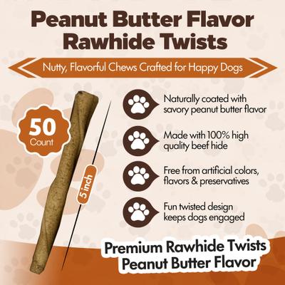 Twists 5-in Peanut Butter Flavor Rawhide Dog Chew Treats, 50 count