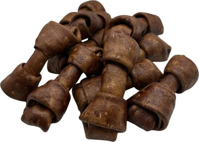 Golosinas para perros con hueso de cuero crudo anudado de 4 a 5 pulgadas con sabor a carne, 30 unidades