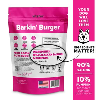 Premio para perros Barkin Burger de salmón y calabaza, bolsa de 4 oz