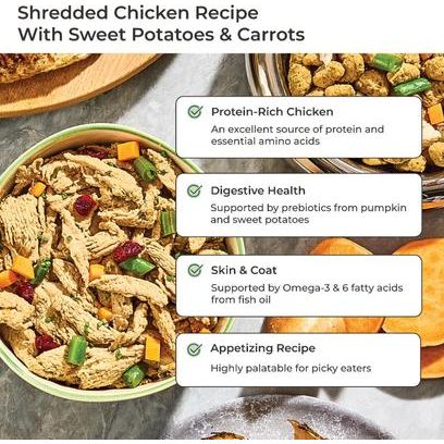 Receta de pollo desmenuzado vital con batatas y zanahorias Comida fresca para perros, bolsa de 1.5 lb, caja de 4