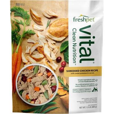 Receta de pollo desmenuzado vital con batatas y zanahorias Comida fresca para perros, bolsa de 1.5 lb, caja de 4