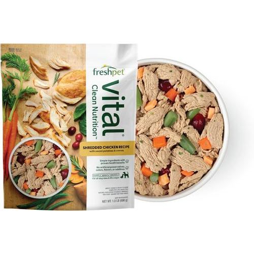 Receta de pollo desmenuzado vital con batatas y zanahorias Comida fresca para perros, bolsa de 1.5 lb, caja de 4
