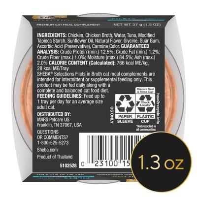 Selecciones Filetes en Caldo Receta de Pollo y Atún Complemento de Comida para Gatos Sin Granos, bandeja de 1.3 oz, caja de 12