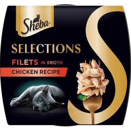 Selecciones Filetes en Caldo de Pollo con Atún y Pollo con Camarones Paquete Variado Complemento de Comida para Gatos Sin Granos, bandeja de 1.3 oz, caja de 24