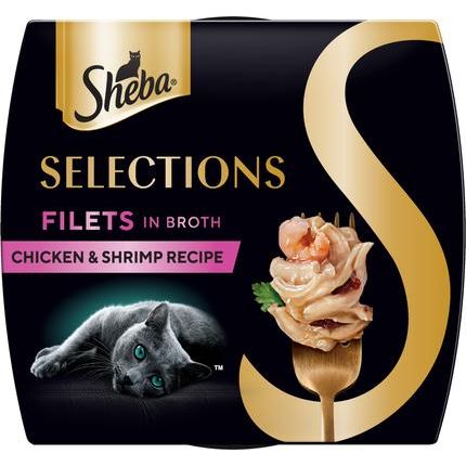 Selecciones Filetes en Caldo de Pollo con Atún y Pollo con Camarones Paquete Variado Complemento de Comida para Gatos Sin Granos, bandeja de 1.3 oz, caja de 24