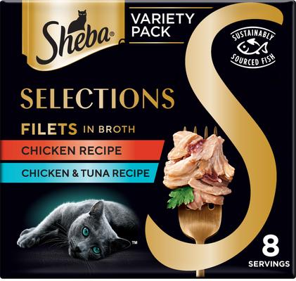 Selections Filets in Broth Chicken with Tuna & Chicken with Shrimp Variety Pack Grain-Free Cat Meal Complement, 1.3-oz tray, case of 24