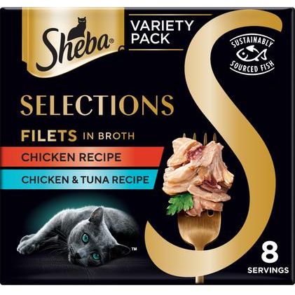 Selecciones Filetes en Caldo Receta de Pollo y Camarones Complemento de Comida para Gatos sin Granos, bandeja de 1.3 oz, caja de 12