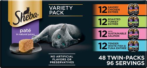Perfect Portions Chicken, Turkey, Tuna & Salmon Variety Pack Grain-Free Pate Wet Cat Food, 1.32-oz tray, case of 48 twin-packs