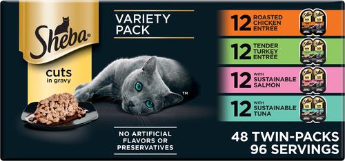 Perfect Portions Chicken, Turkey, Tuna & Salmon Variety Pack Grain-Free Chunks-In-Gravy Wet Cat Food, 2.64-oz tray, case of 48 twin-packs