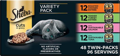 Perfect Portions Chicken, Turkey, Tuna & Salmon Variety Pack Grain-Free Chunks-In-Gravy Wet Cat Food, 2.64-oz tray, case of 48 twin-packs