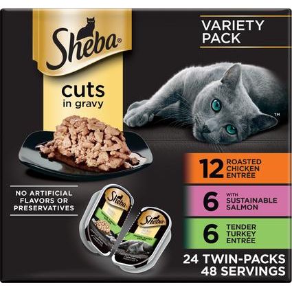 Porciones perfectas: pollo asado sin cereales, salmón gourmet y cortes tiernos de pavo en salsa, paquete variado, bandejas de comida húmeda para gatos adultos, 1.3 oz, caja de 24 paquetes dobles