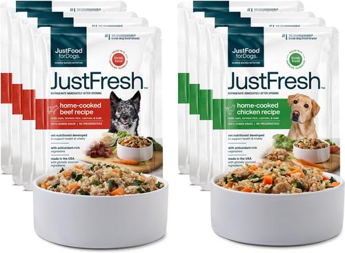 Bundle: JustFoodForDogs JustFresh Human Grade Home-Cooked Chicken & Beef Fresh Dog Food Combo, 12-oz pouch, case of 14 (7 Beef + 7 Chicken)