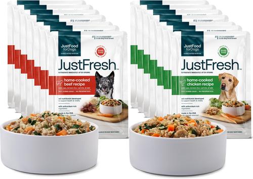 Bundle: JustFoodForDogs JustFresh Human Grade Home-Cooked Chicken & Beef Fresh Dog Food Combo, 12-oz pouch, case of 14 (7 Beef + 7 Chicken)