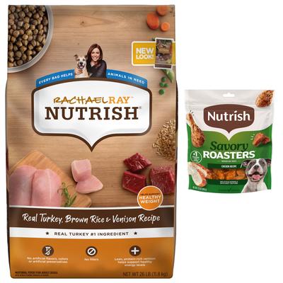 Bundle: Rachael Ray Nutrish Real Turkey, Brown Rice & Venison Recipe Dry Food + Savory Roasters Roasted Chicken Recipe Dog Treats