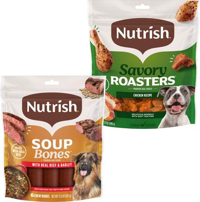 Paquete: Premios para perros Rachael Ray Nutrish Savory Roasters con pollo asado y huesos para sopa, sabor carne y cebada