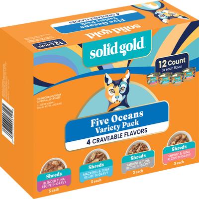 Comida húmeda para gatos Five Oceans Variety Pack Grain-Free Shreds in Gravy, lata de 3 oz, caja de 12