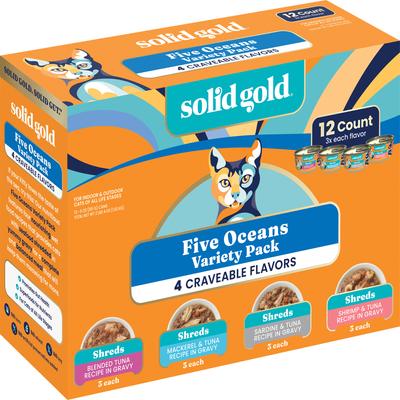 Comida húmeda para gatos Five Oceans Variety Pack Grain-Free Shreds in Gravy, lata de 3 oz, caja de 12