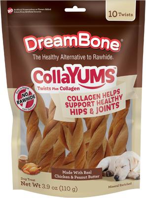 CollaYUMS Twists Plus - Golosina masticable para perros con sabor a pollo y mantequilla de maní y colágeno, 20 unidades
