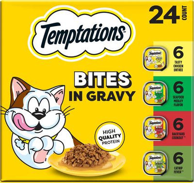 Chicken, Seafood, Backyard Cookout & Catnip Variety Pack Bites in Gravy Adult Wet Cat Food, 3.5-oz tray, case of 24