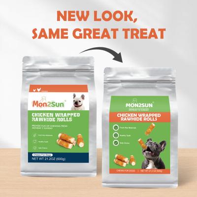 Rollitos de cuero crudo envueltos en pollo, golosinas para perros de 2,5 pulgadas, 32 unidades