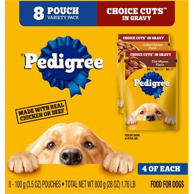 Alimento húmedo para perros adultos Choice Cuts Variety Pack con sabor a pollo a la parrilla y filete miñón, bolsa de 3.5 oz, caja de 8