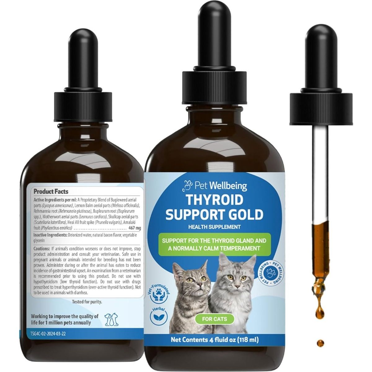 Thyroid Support Gold Liquid Supplement for Cats, sabor Tocino. 60 ml. - Pet Wellbeing