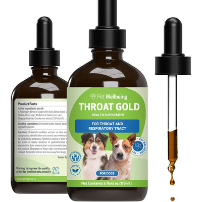 Throat Gold Liquid Respiratory Supplement for Dogs, sabor Tocino. 120 ml. - Pet Wellbeing