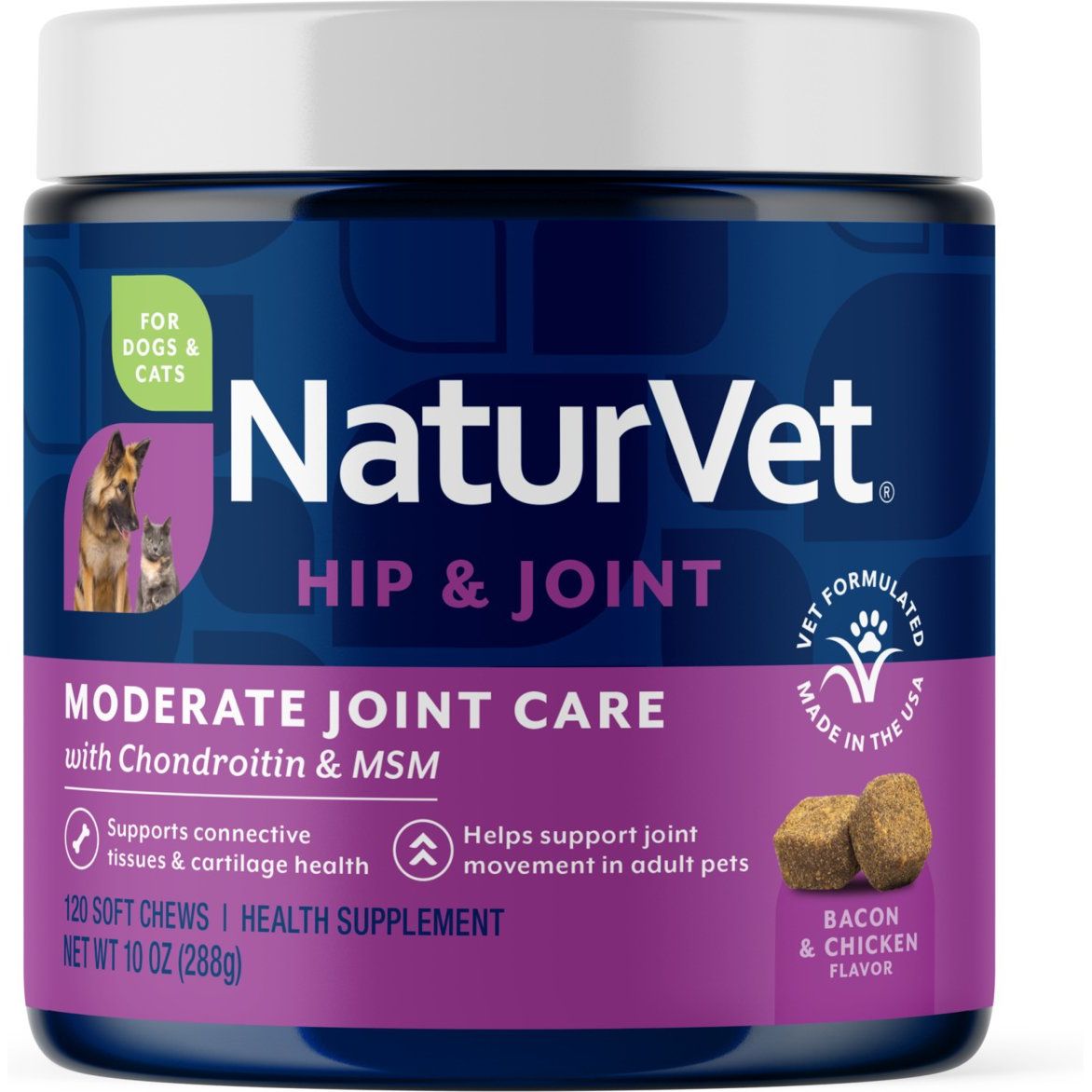 NaturVet Moderate Joint Care Glucosamine DS Plus masticables blandos 120 unidades tocino y pollo