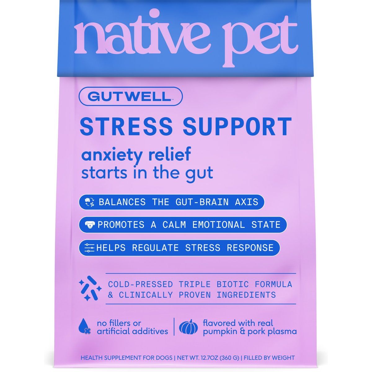 Native Pet Stress Support Anxiety Relief & Calming Gutwell with Prebiotics, Probiotics, & Postbiotics Supplement for Dogs, 12.7-oz bag