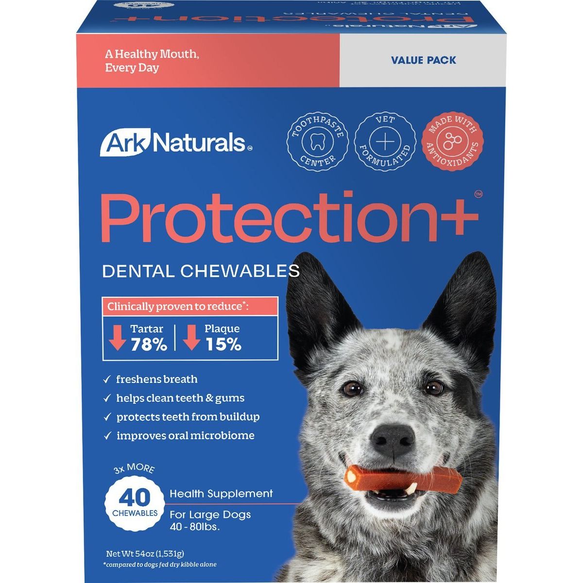 Protection+ Brushless Toothpaste Dental Chews, tamaño Grande. 40 chews. - Ark Naturals