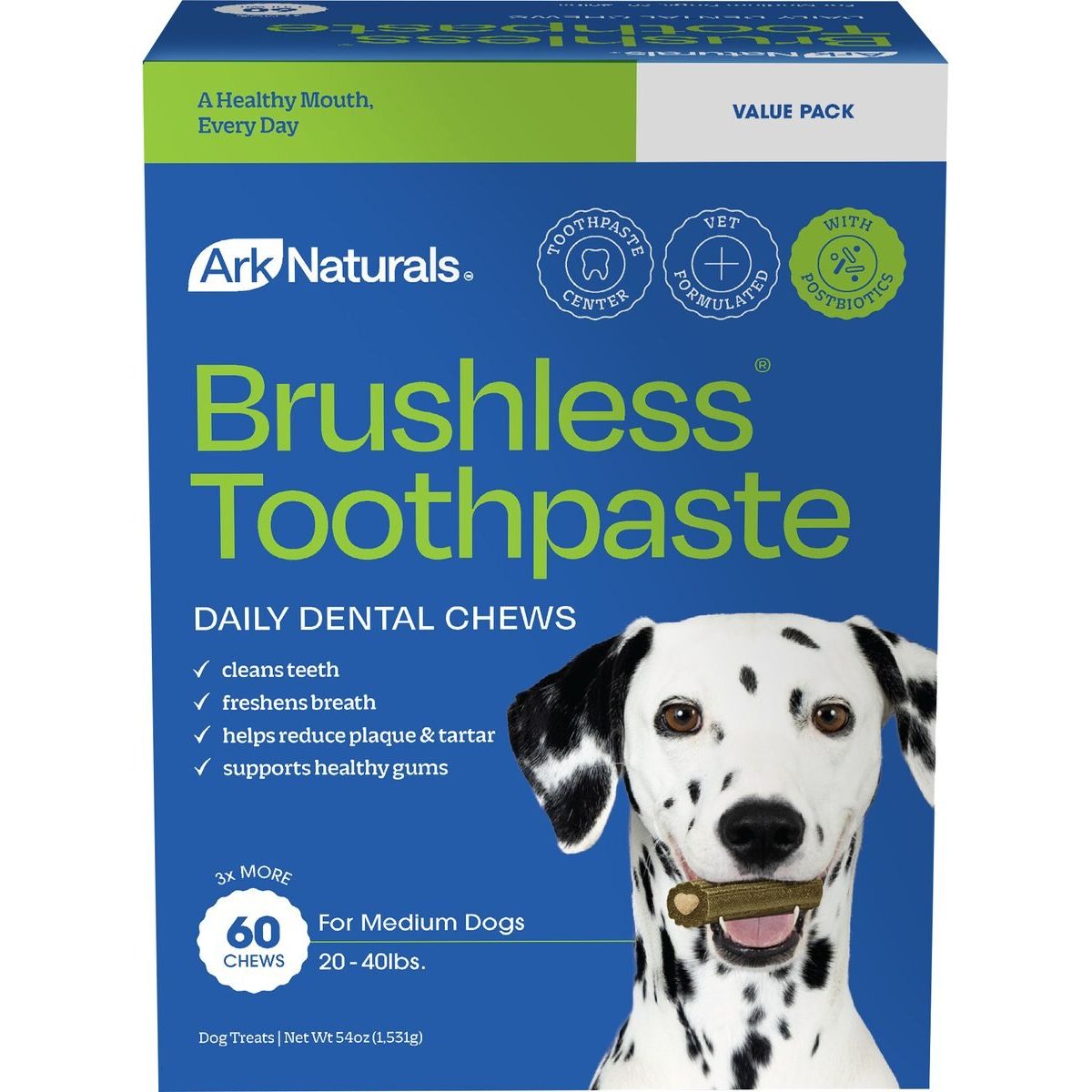 Brushless Toothpaste Dental Chews, tamaño Mediano. 1530 g. - Ark Naturals