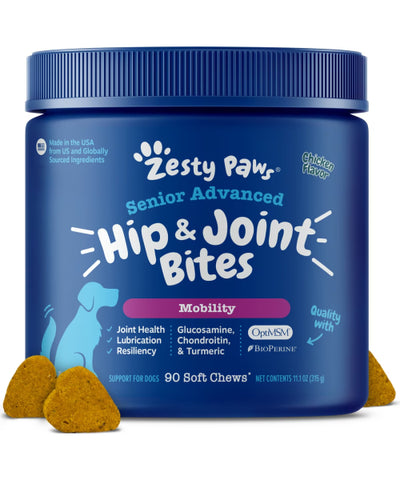 Zesty Paws, Senior Advanced Hip and Joint Bites Mobility  para Perros, sabor Pollo. 90 y 180 chews.