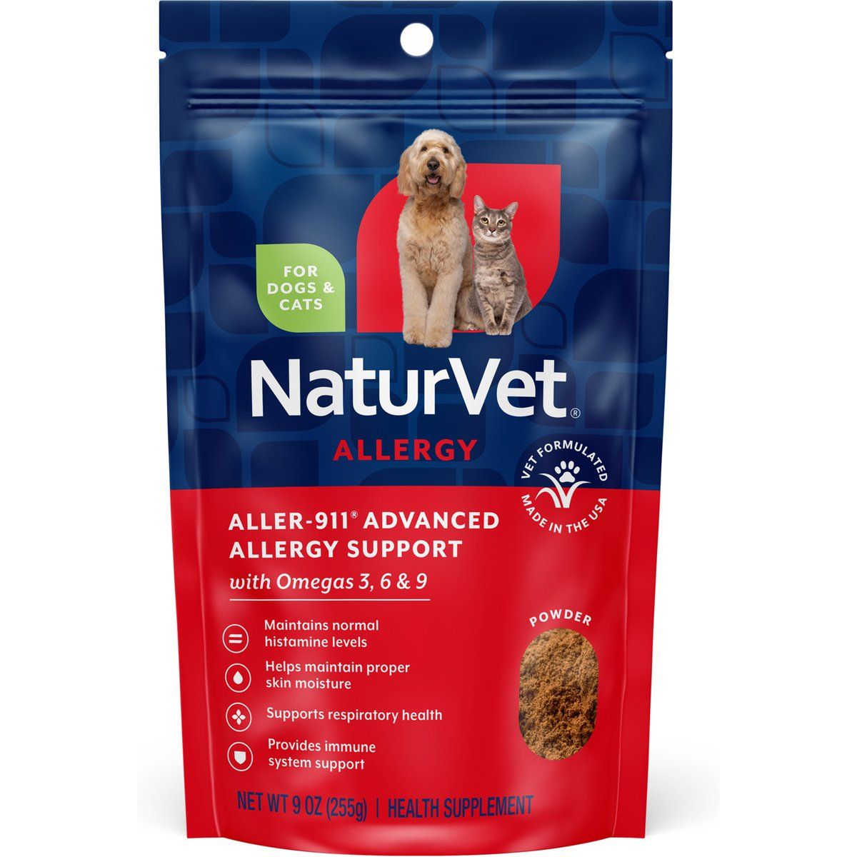 NaturVet Aller-911 Advanced Allergy Support Powder, bolsa de 9 oz (255 g) para perros y gatos