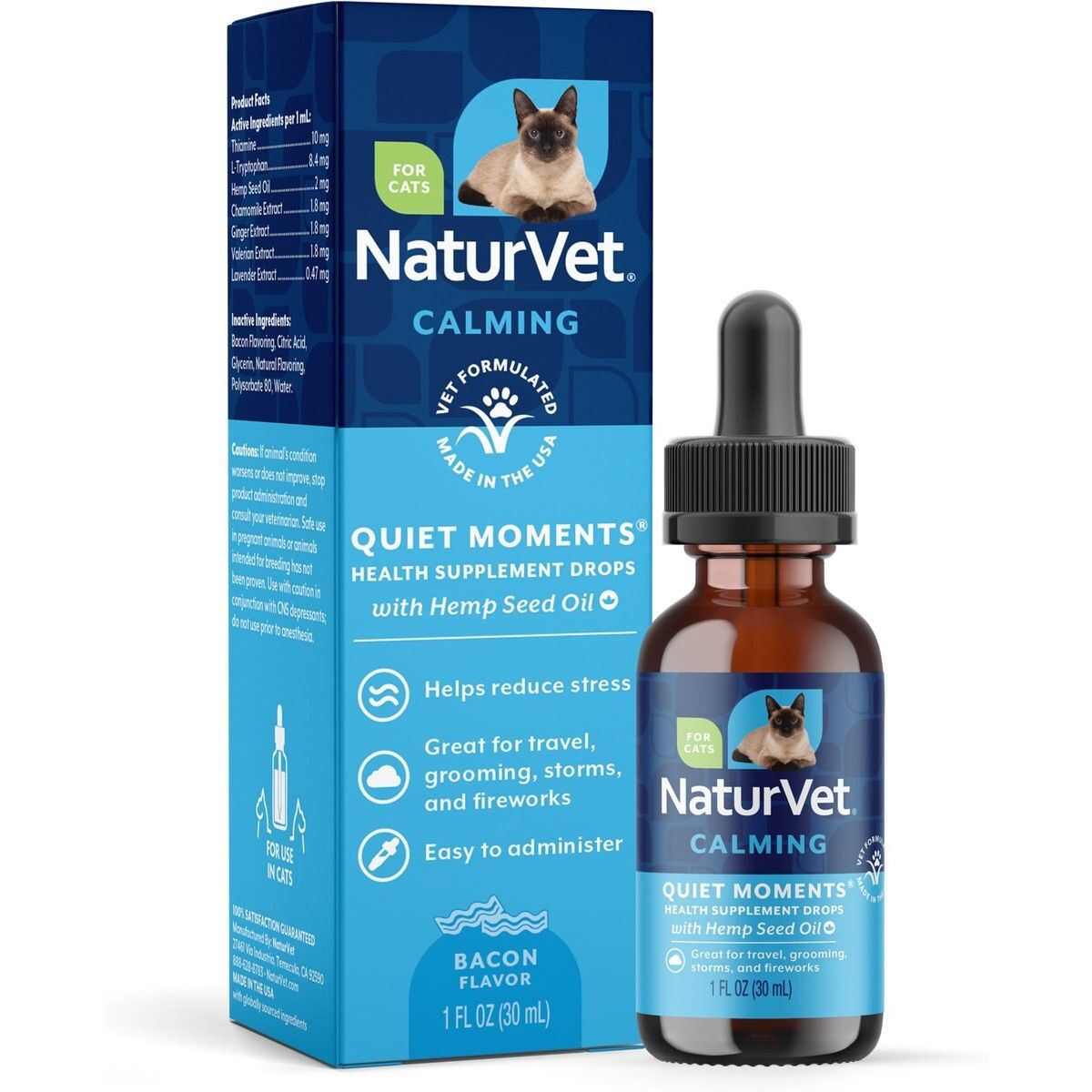 NaturVet Quiet Moments Hemp Seed Oil Cats gotas sabor tocino 30 ml