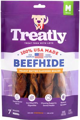 USA Beefhide Braids 7 to 8-in Peanut Butter Flavor Dog Chews, 7 count