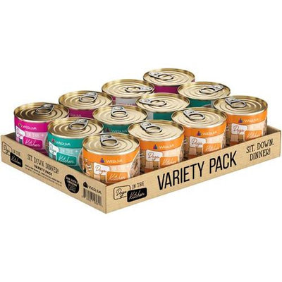 Alimento húmedo para perros desmenuzado sin cereales Dogs in the Kitchen, paquete variado de pollo, pavo y salmón, lata de 10 oz, caja de 12